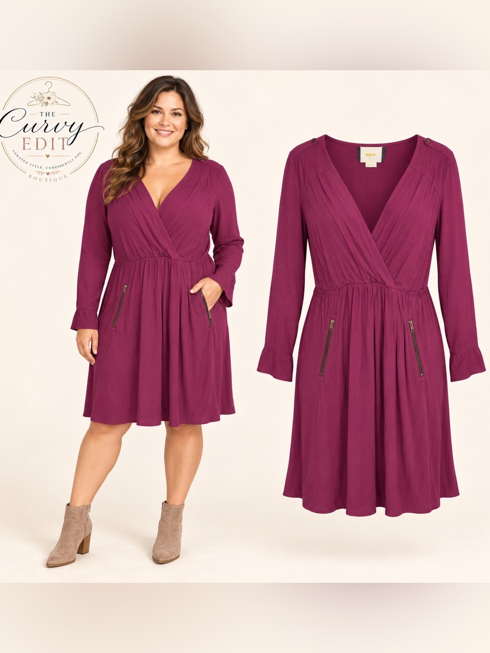 Anthropologie Maeve Berry Surplice Fit & Flare Dress XL Zip Pockets Roll Tab Sl